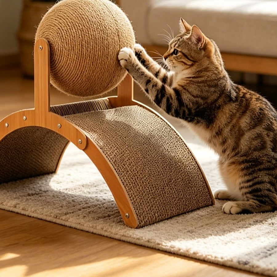 Vorlia · Rascador para gatos en forma de arco con bola giratoria de cuerda y estructura de madera (3)