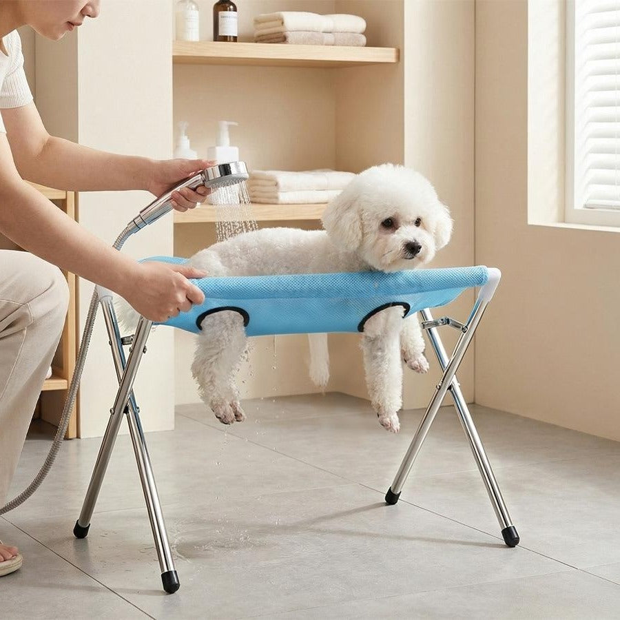 Vorlia · Soporte plegable de malla azul y patas de acero para bañar y asear mascotas (1)