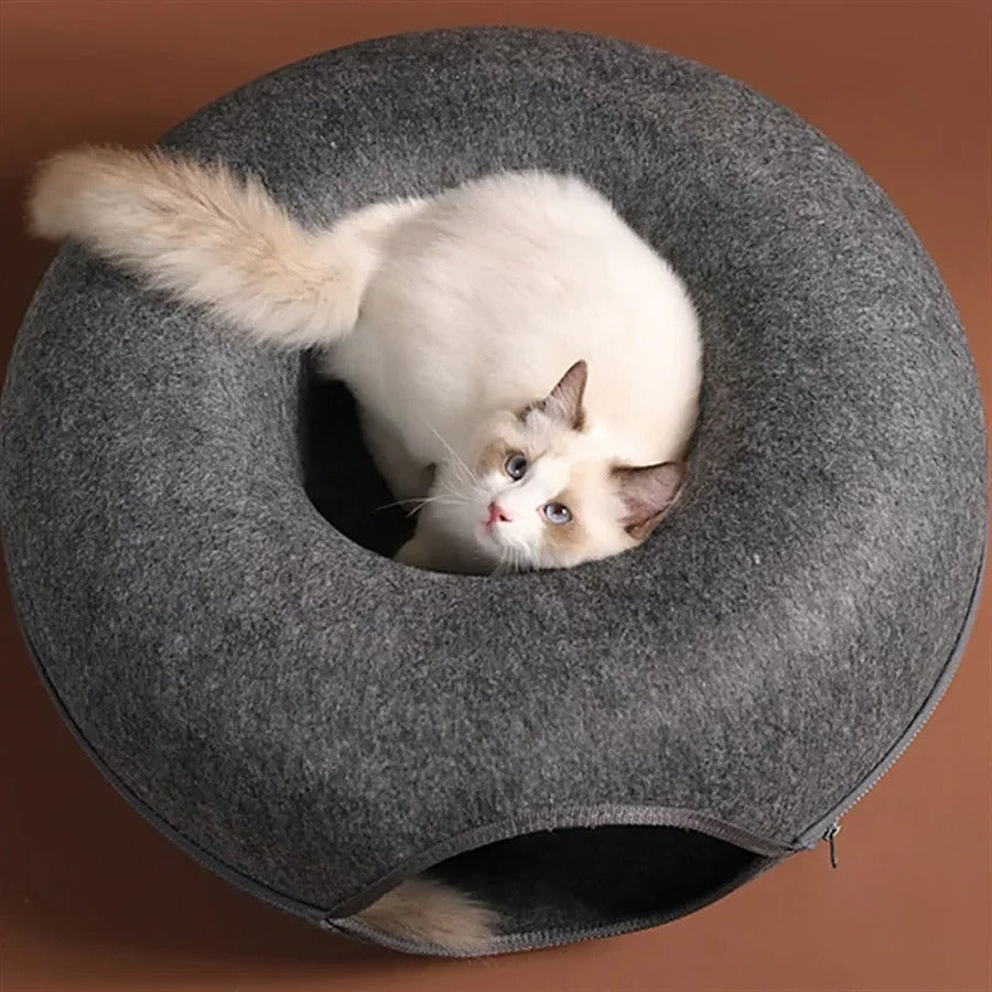 Vorlia · Cama redonda de fieltro con túnel interior y cremallera para gatos (1)