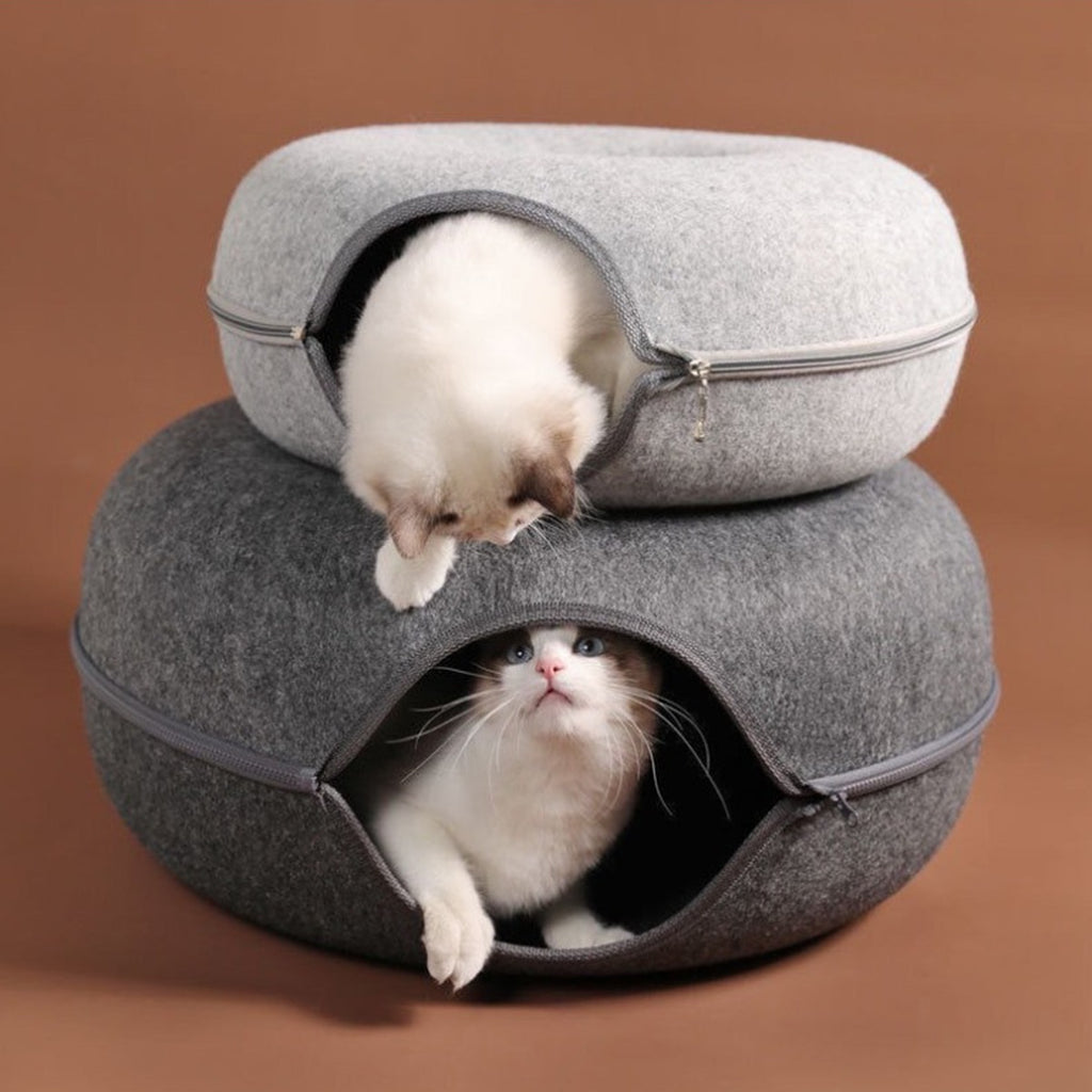 Vorlia · Cama redonda de fieltro con túnel interior y cremallera para gatos (2)