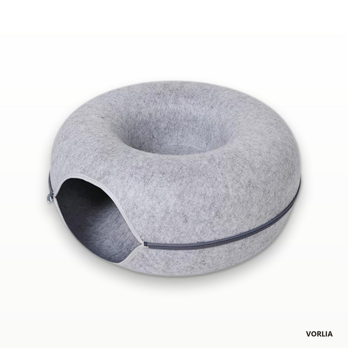 Vorlia · Cama redonda de fieltro con túnel interior y cremallera para gatos (3)